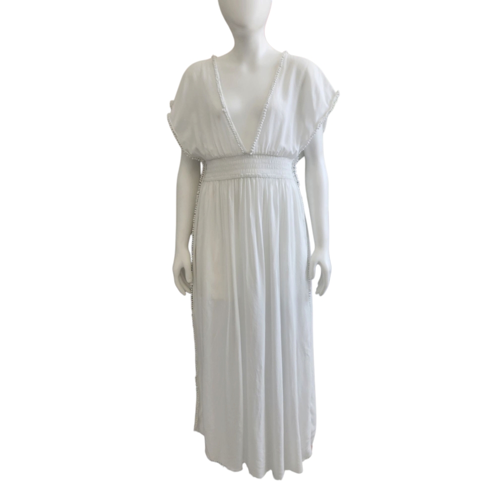 VS White Boho Maxi Dress-Open Back-Plunging V-Empire Shirred Waist-Side Vents XS